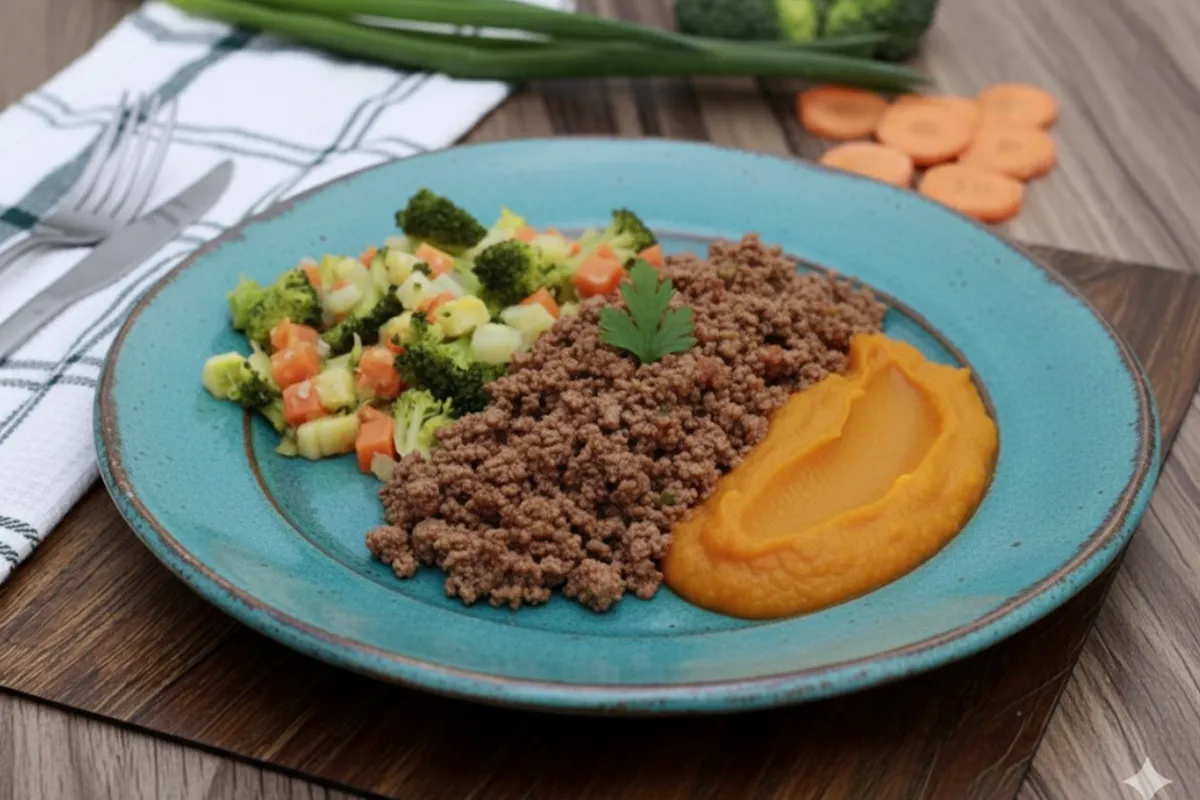 Patinho Moído, Purê de Abóbora e Mix de legumes